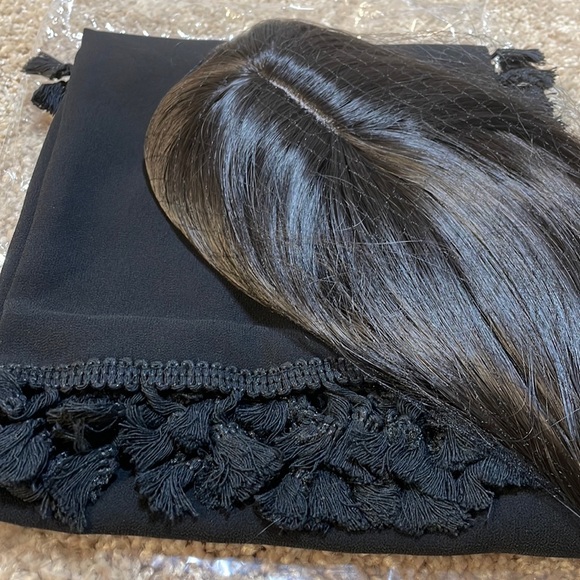 NWT 16-17”natural black brown hint straight blended human mix topper round bangs - Picture 2 of 16